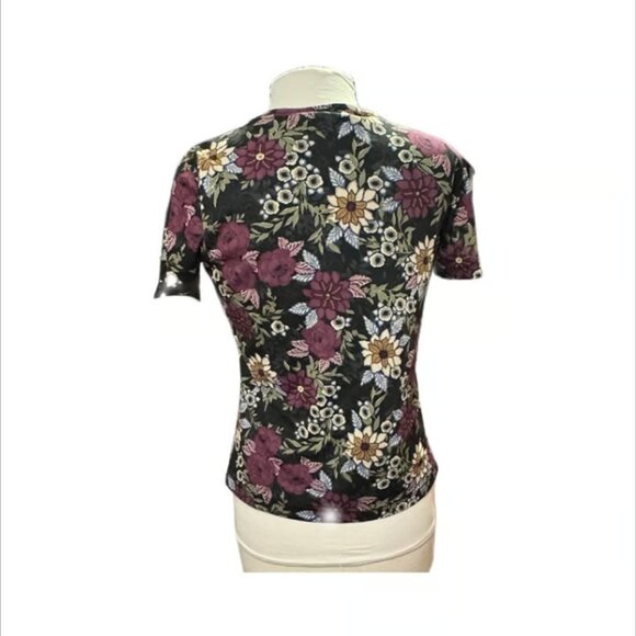 Sag Harbor MSRP $85 Black Floral Blouse Short Sleeve Top Purple Yellow Small - Picture 2 of 9